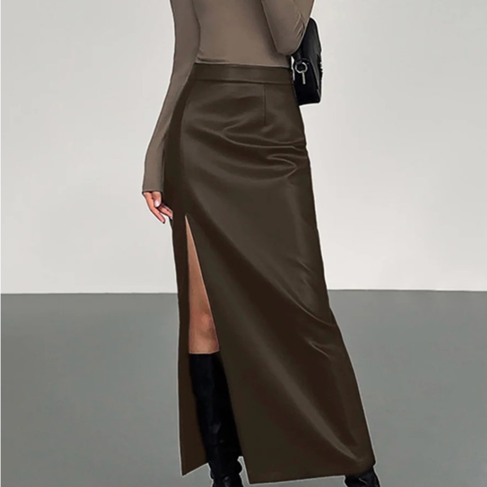 Elegant Brown Faux Leather Midi Skirt with Side Slit